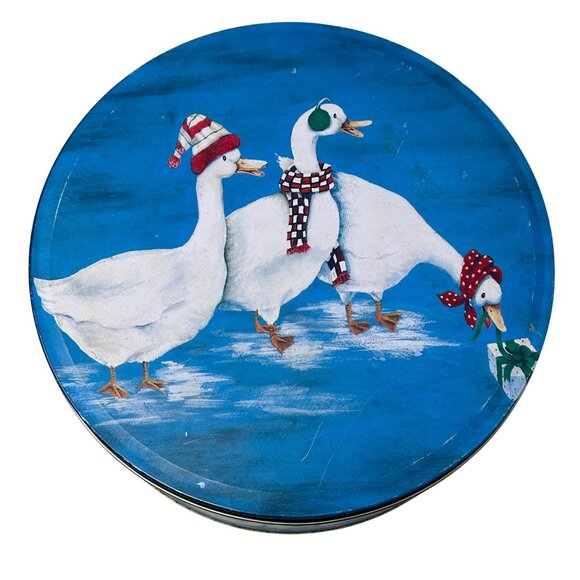 Winter Goose Cookie Tins Round Blue Holiday Geese On Ice Set of 2 Nesting - Picture 2 of 13